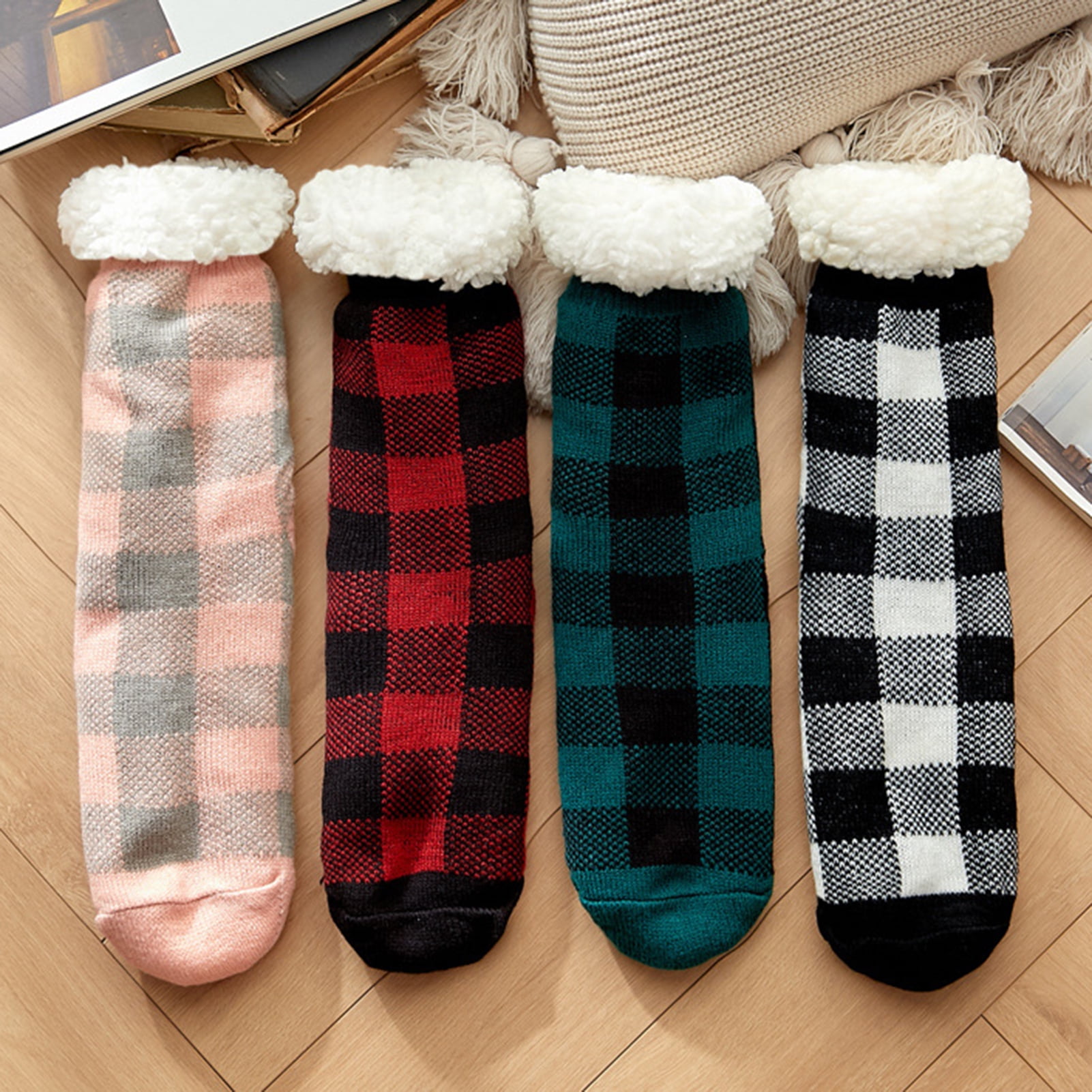 Cozy Womens Sherpa Lining Fuzzy Slipper Socks, Winter Crochet Christmas Thermal Slipper Sock 