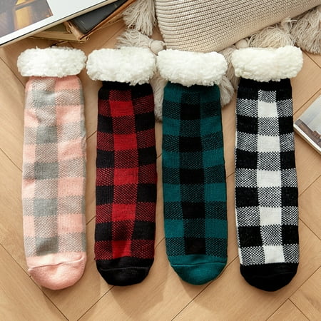 

AYYUFE 1 Pair Anti-skid Middle Tube Floor Socks Fleece Lined Plaid Print Women Warm Fluffy Socks Clothes Accessories