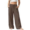 thumbnail image 2 of Mifsaly Girls Summer Casual Pants High Waisted Wide Leg Cotton Linen Pant Lightweight Breathable Summer Beach Vacation Clothes with Pockets Brown,13 Years, 2 of 9