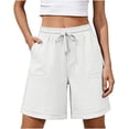 thumbnail image 2 of Shorts for Women Cotton Linen Bermuda Shorts with Pockets Elastic Waist Knee Length Casual Athletic Walking Shorts White XL(XL), 2 of 5