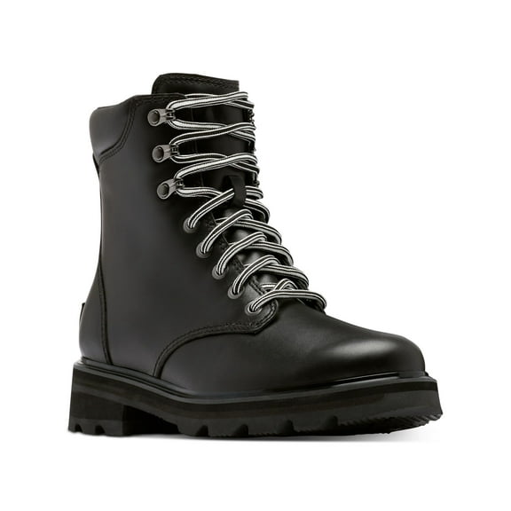 SOREL Womens Black 1" Platform Lug Sole Waterproof Padded Lennox Round Toe Block Heel Lace-Up Leather Boots Shoes 5