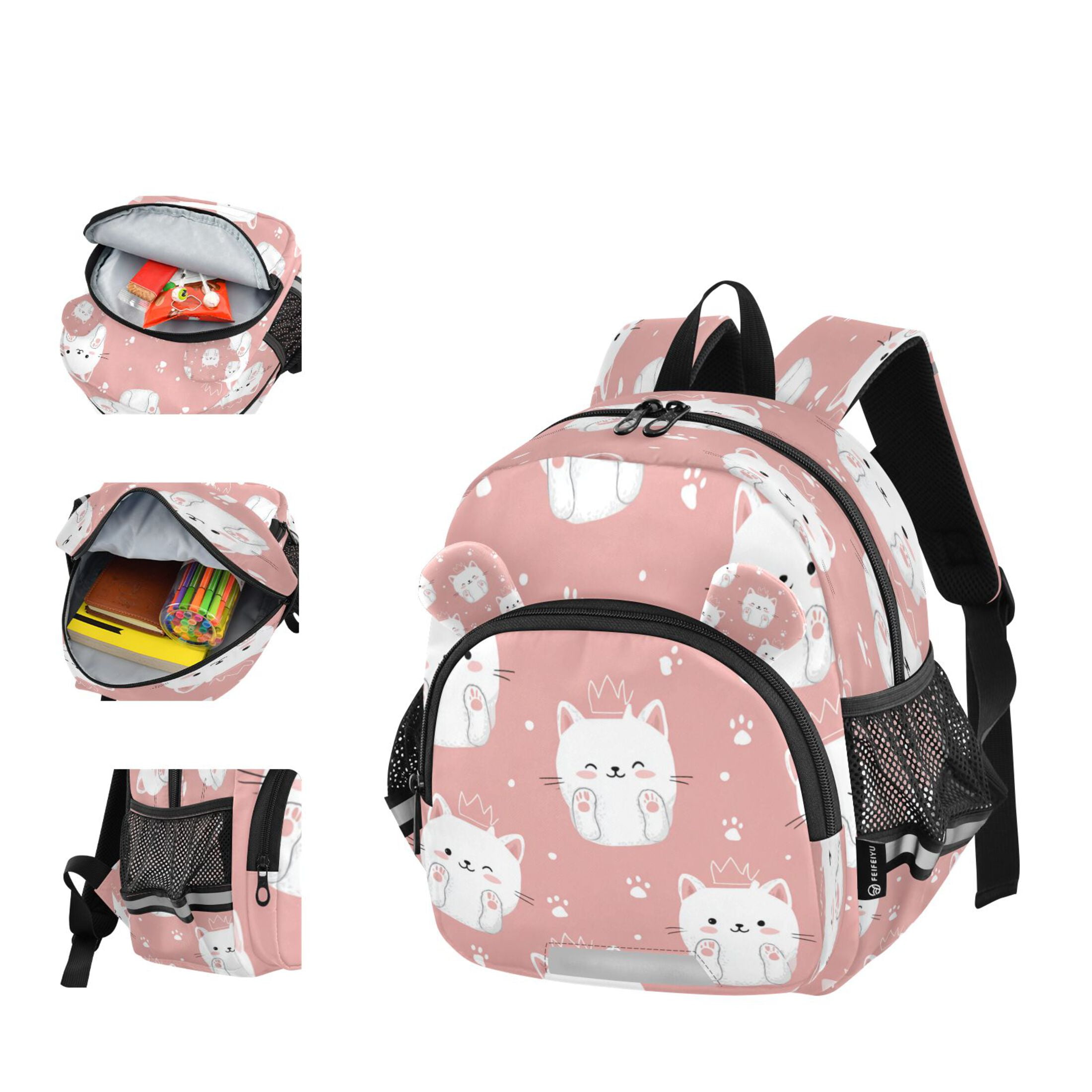 RMDQTR Adorable Ear-Print Backpack with Reflective Strip and Anti-Lost Leash Adjustable Shoulder Straps Mini Travel Backpack Kawaii White Cats