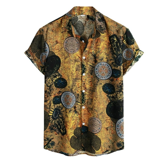 Eashery Button Down Shirt Mens Print Blouse Mens Linen Button Down Shirts Yellow XL