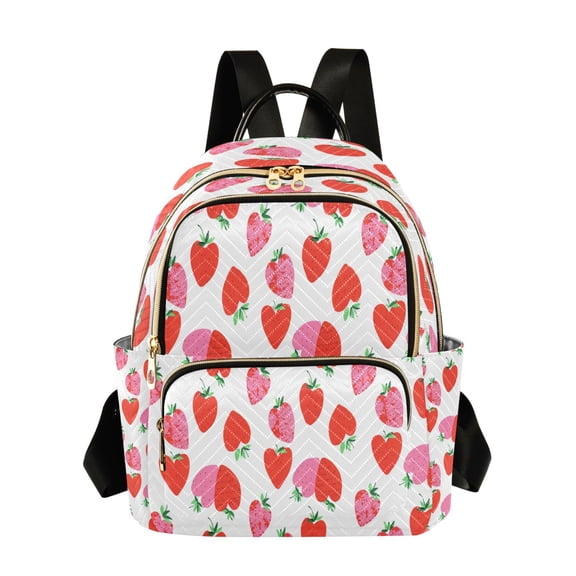Qxltty Quilted Backpack for Women, Heart Strawberry Print Travel Daypack with Front Pocket for Casual Daily Use