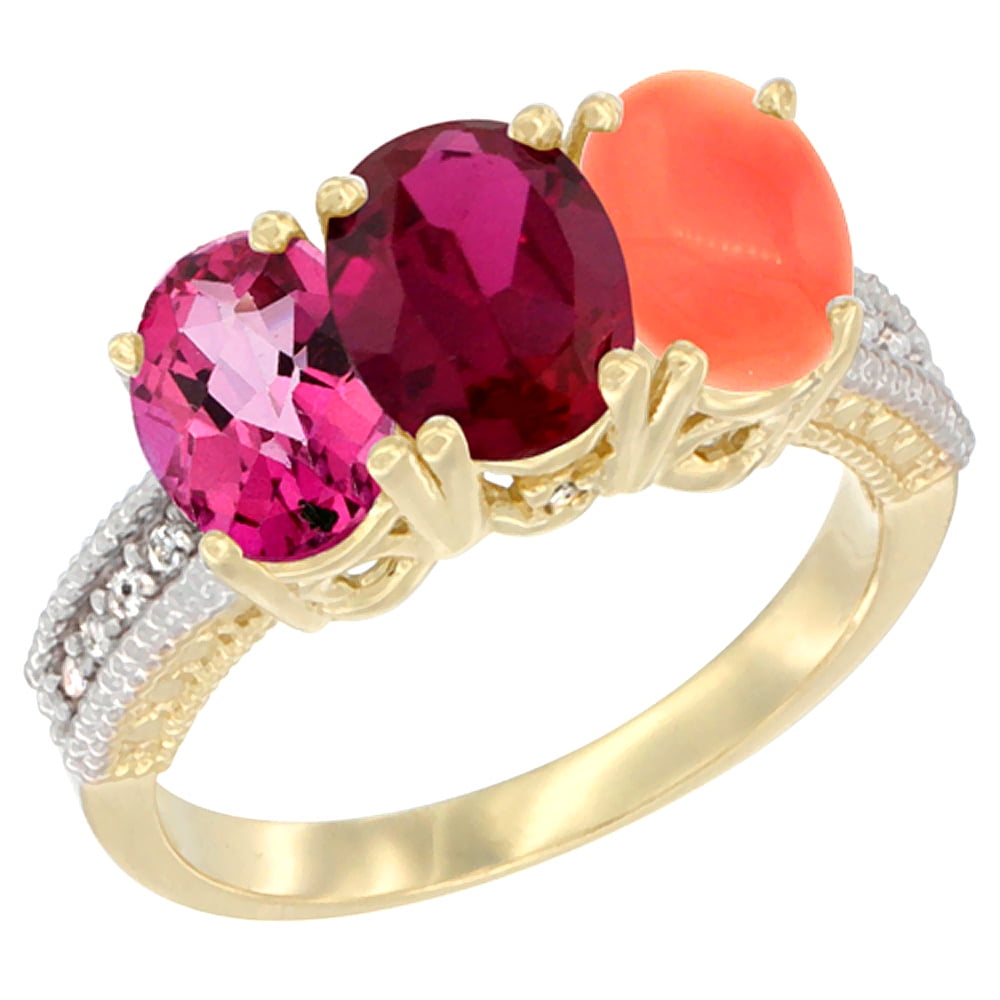10K Yellow Gold Diamond Natural Pink Topaz, Enhanced Ruby & Coral Ring 3-Stone 7x5 mm Oval, sizes 5 10 by WorldJewels