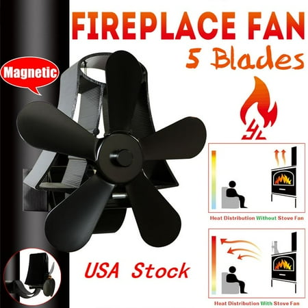 5 Blades Fireplace Heat Stove Fan Wall Mounted Black Heater Self-Powered Wood Burning Top Log Burner Silent Eco Friendly Fuel Saving Low Maintenance Disperses Warm