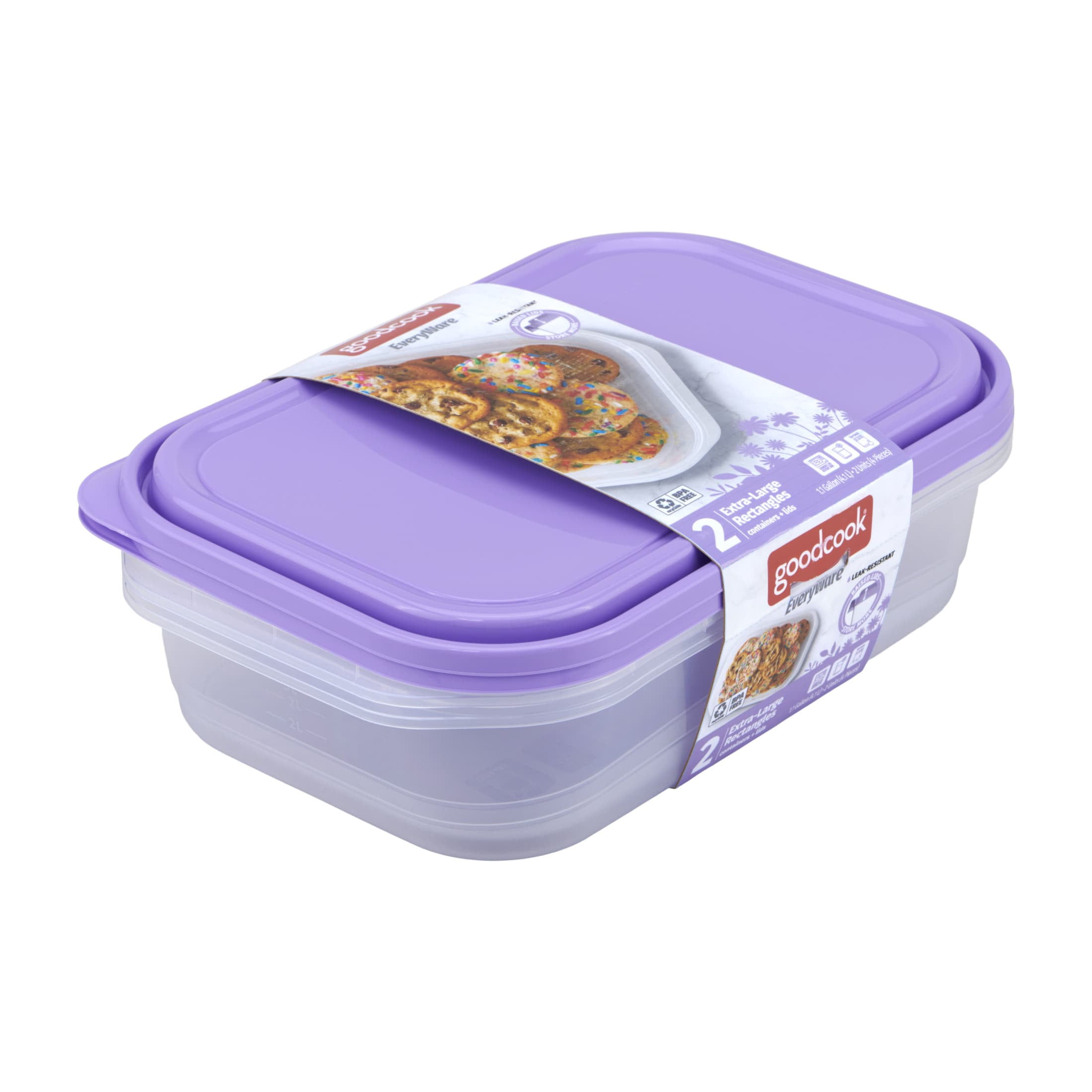 GoodCook EveryWare Extra-Large 1.1 Gallon Rectangle Food Storage Container, Set of 4, Purple, BPA Free