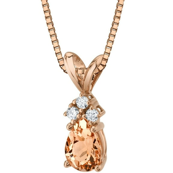 PEORA 14K Rose Gold Morganite and Diamond Pendant for Women, Genuine Gemstone Dainty Teardrop Solitaire, Pear Shape, 7x5mm