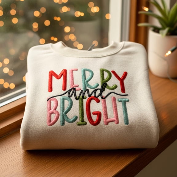 Embroideried Merry and Bright Sweatshirt | Colorful Holiday Lettering Stitch Sweater