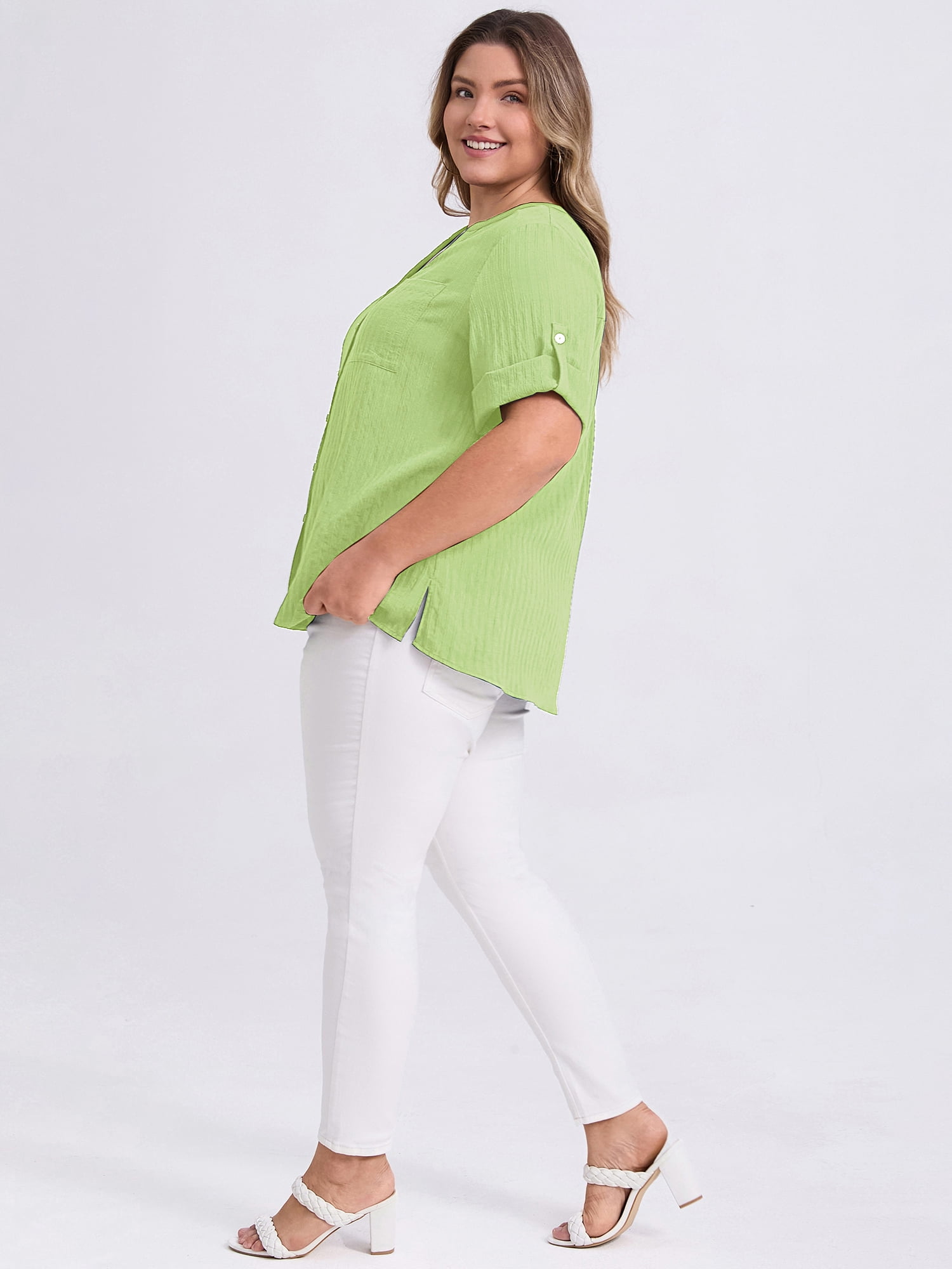 DARING DIVA Women's Plus Size V Neck 3/4 Sleeve Button Down Casual Blouse 1X Light Green