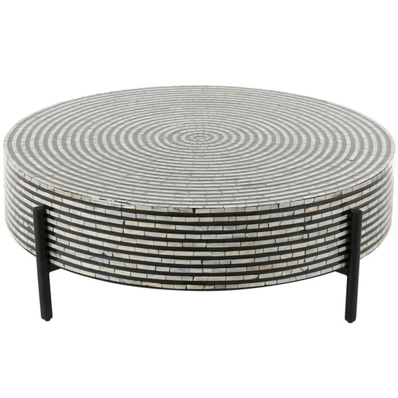 DecMode 38" x 12" Gray Mother of Pearl Shell Handmade Mosaic Inlay Geometric Coffee Table with Black Metal Legs, 1-Piece