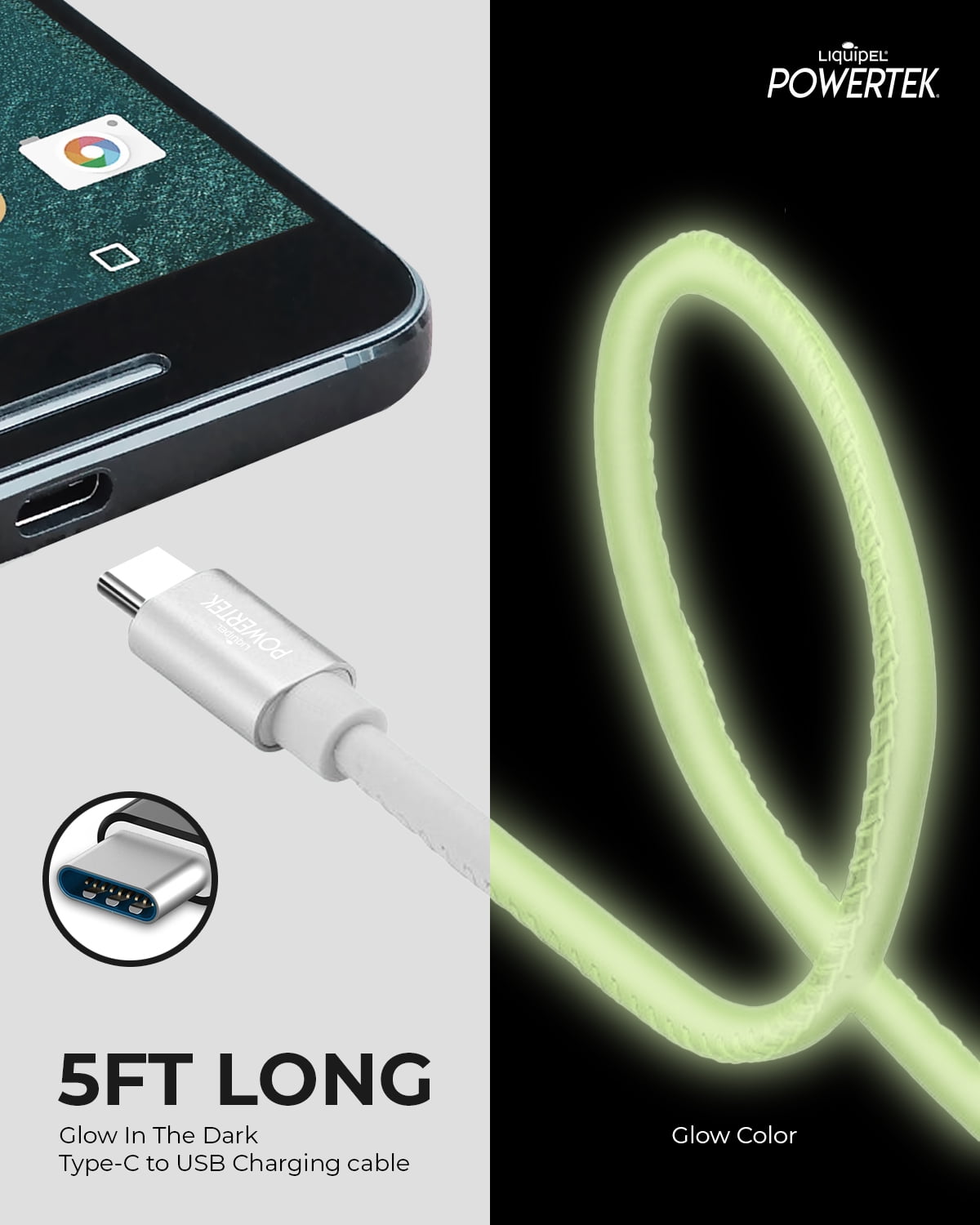 Liquipel Powertek Glow in Dark Cable Type C - White