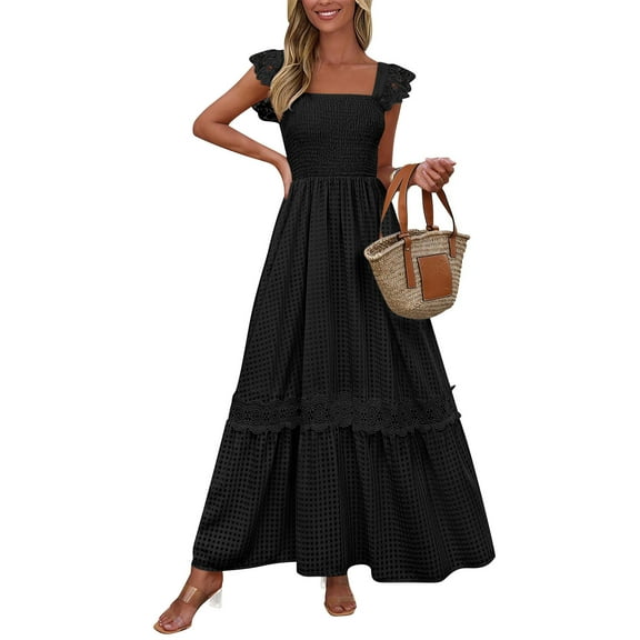 ITSAME Women's Smocked Dress, Square Neck Pleated Lace Ruffles Strap Summer Boho Beach Maxi Dress Black 2XL