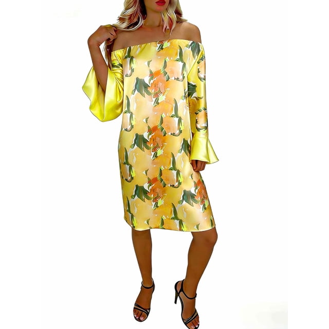 Vestido Estampado Fuera Del Hombro con Escote Elástico en Tela Elástica de Poliéster para Fiestas, Vacaciones Y Uso Cotidiano Informal