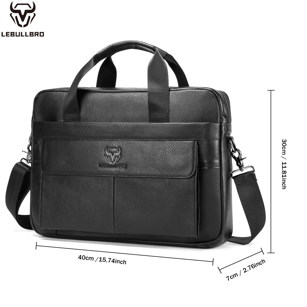 LEBULLBRO Mens Genuine Leather Briefcase Shoulder Messenger Bags Work Laptop Business Bag Black