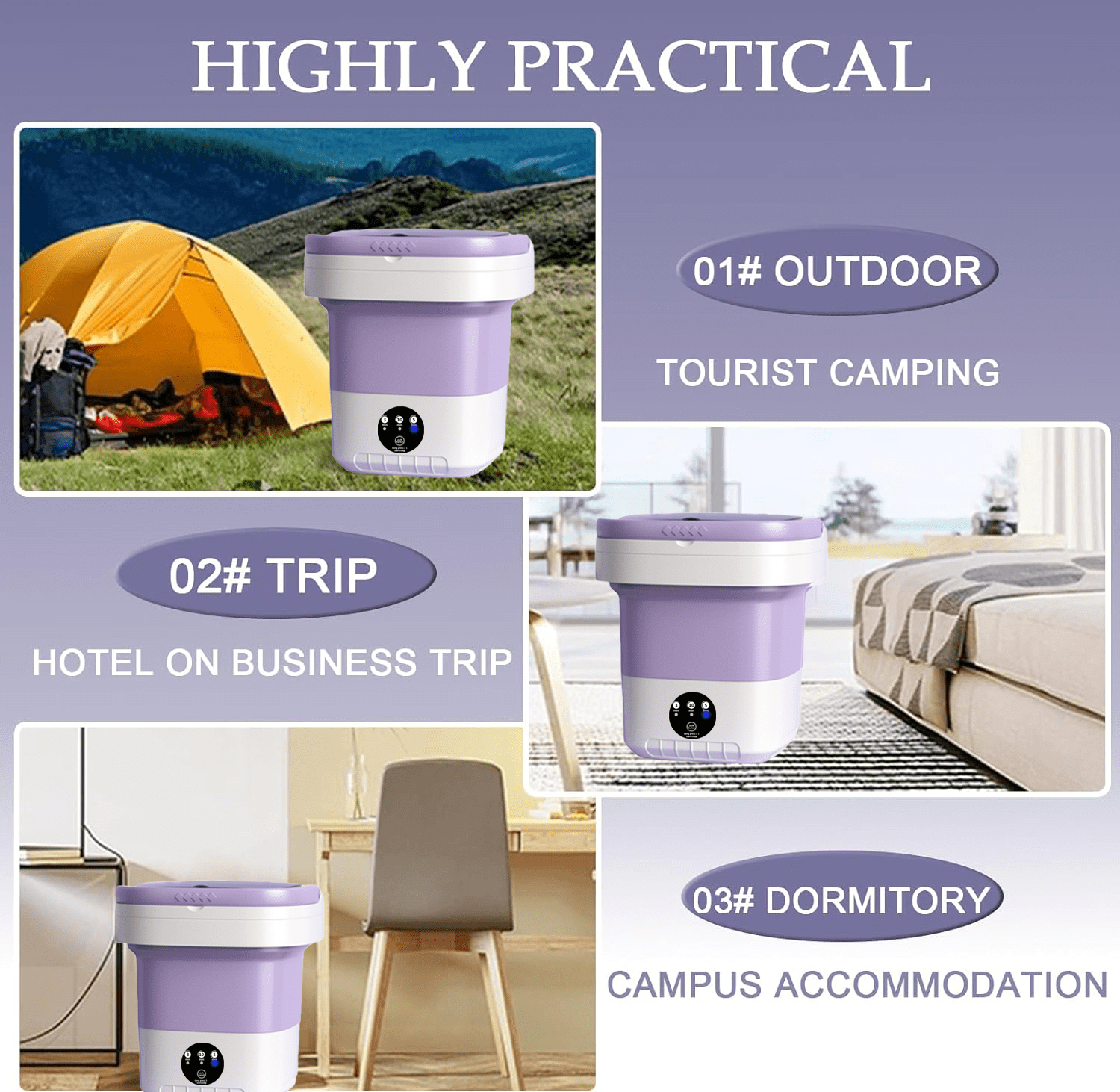 Mini Folding Washing Machine Portable For Clothes With Dryer Bucket Travel Wash 12L (Purple)