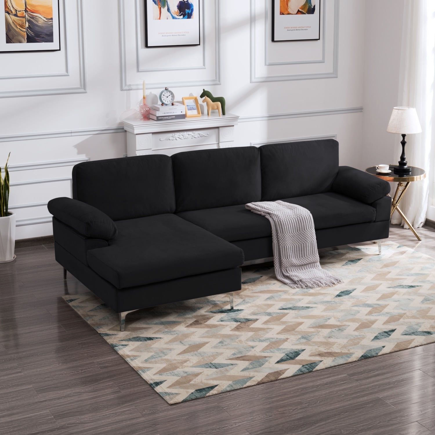 Kadyn Sectional Sofa, 103.5 " Modern L-Shaped Sofa with Metal Legs, Velvet Sectional Sofa Set for Apartment, Black Kadyn Sectional Sofa, 103.5 " Modern L-Shaped Sofa with Metal Legs, Velvet Sectional Sofa Set for Apartment, Black