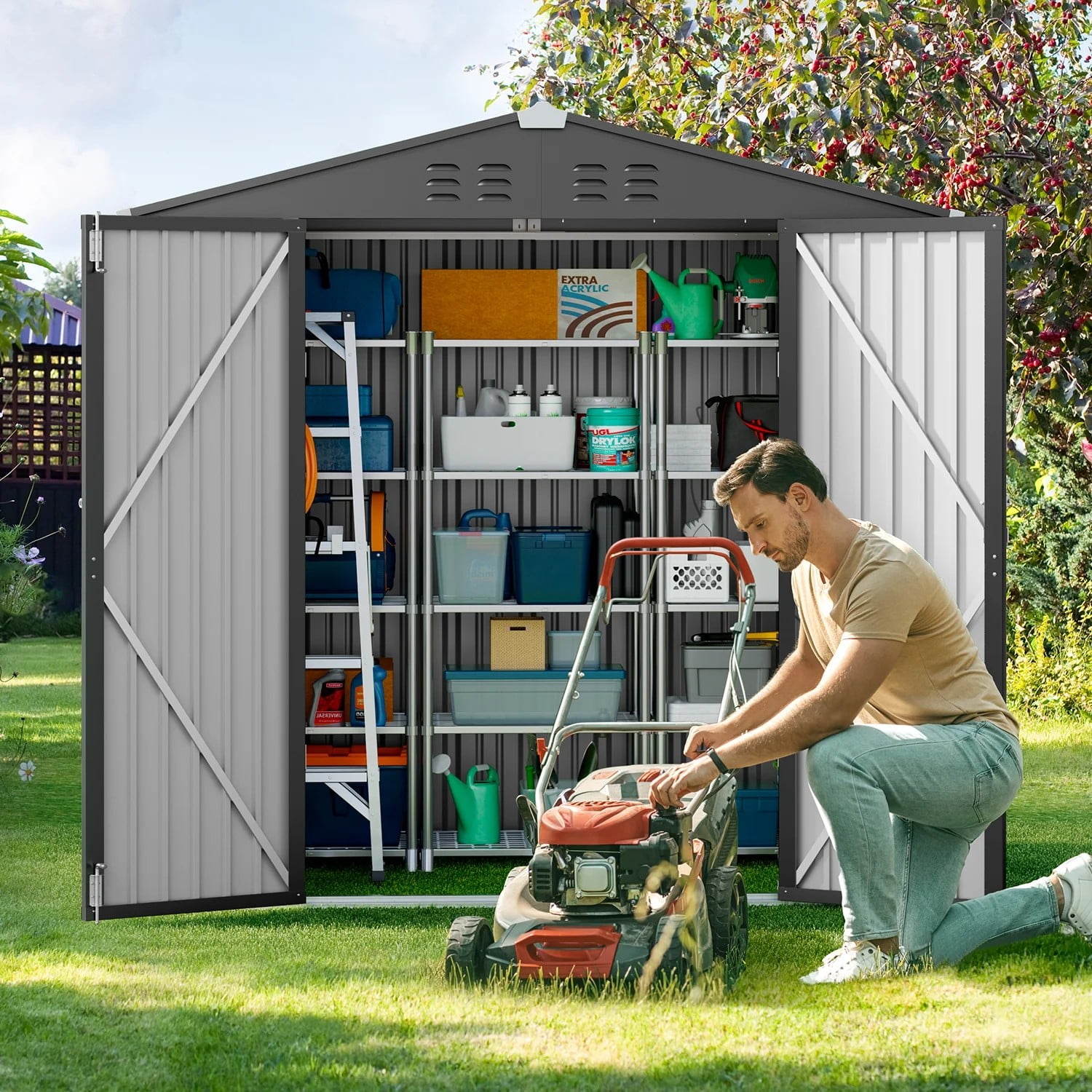 Jolifa 8x6 ft Outdoor Storage Shed, Heavy Duty Galvanized Steel Tool Shed with Lockable Double Doors, Waterproof Metal Garden Shed for Backyard, All Weather Shed for Lawn Equipment & Bike Storage