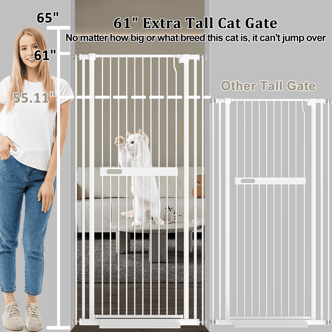 Fairy Baby 61-inch Extra Tall Cat Gate, 30-38" Pressure Mounted, 1.37-inch Narrow Spacing, White Alloy Steel for Pets & Babies