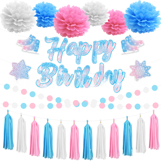 Fondo de decoración para fiesta de cumpleaños con temática de patinaje, bandera para tirar, flor de papel, borla, espiral, elevador, globo, bolsa de papel para dulces