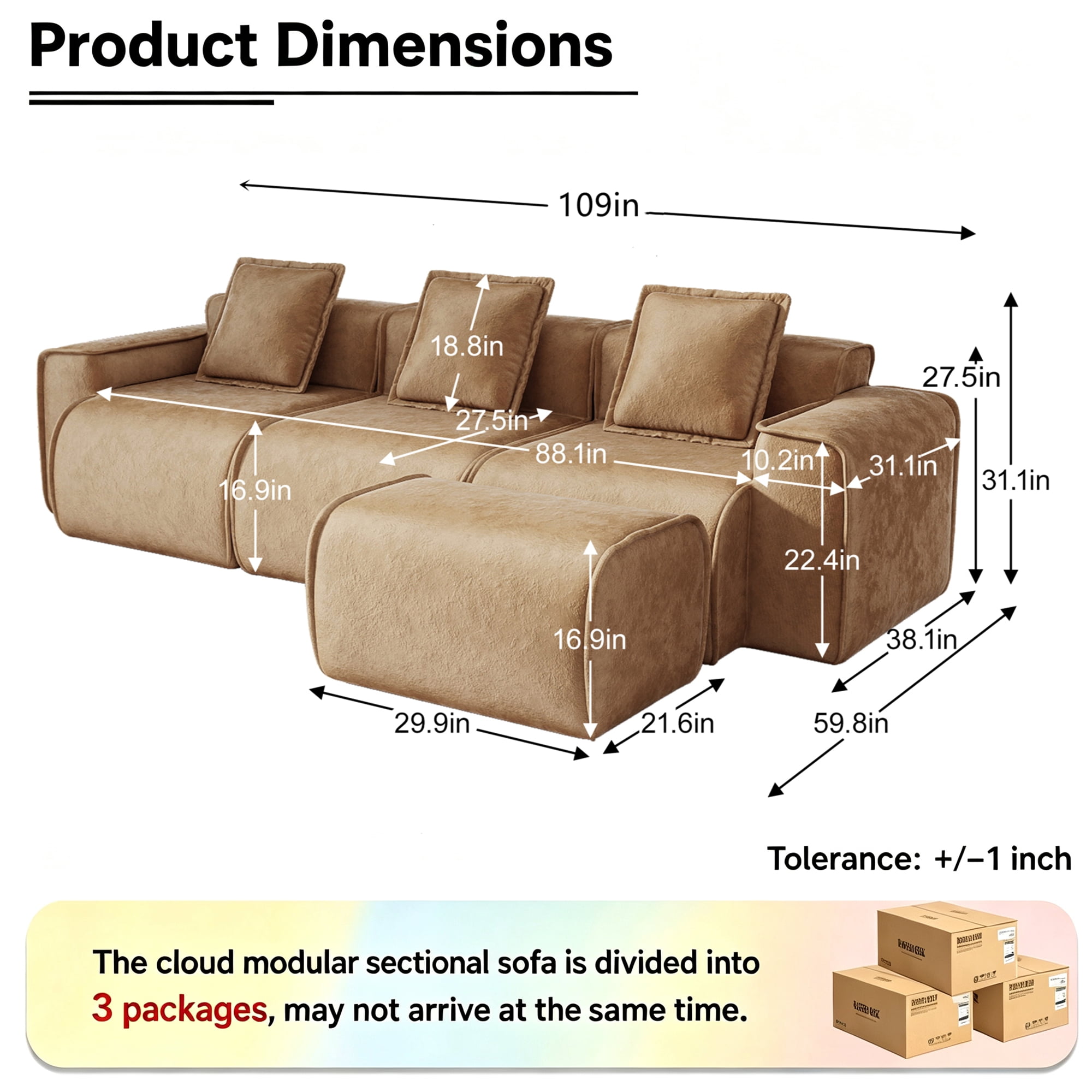 Aukfa 109" Cloud Sectional Sofa Oversized Boneless Couch Modular L-Shaped Sofa with Ottoman for Living Room, Velvet, Brown