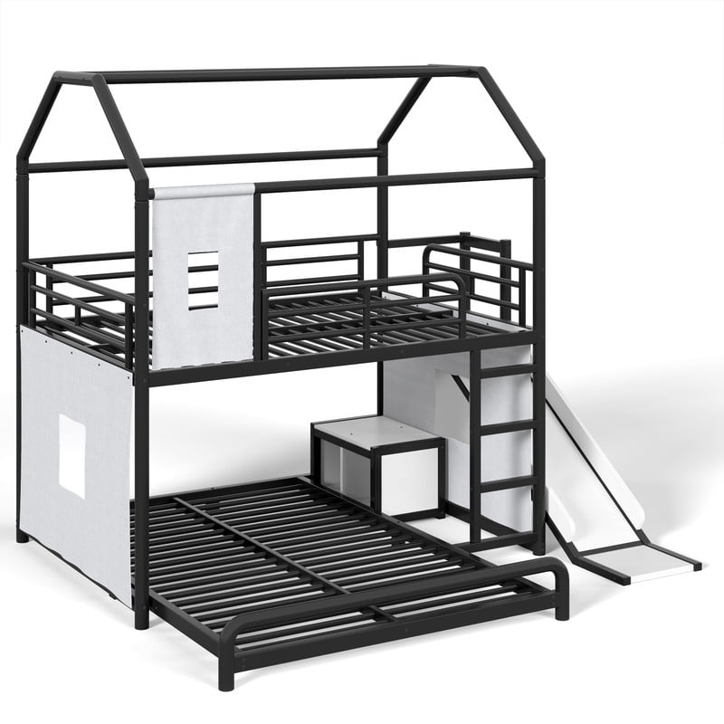Full Over Full Metal Bunk Bed with Slide, Ladder, LED Light, Privacy Curtain and Movable Storage Cabinet, House-Shaped Kids Bunk Bed with Hanging Rod, No Box Spring Required