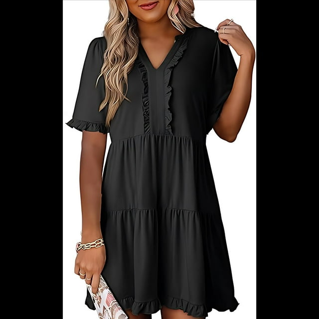 Vestido Informal de Mujer con Cuello en V, Corta, Corte A y Volantes, Color Negro, Talla M