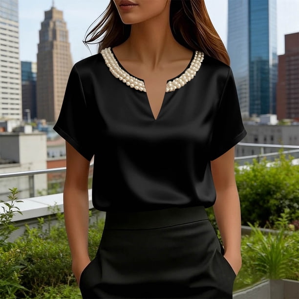 TaTaai Women's Loose Fit Summer Top Short Sleeve V-Neck Solid Color Pearl Accent Professional Office Casual Blouse Gift