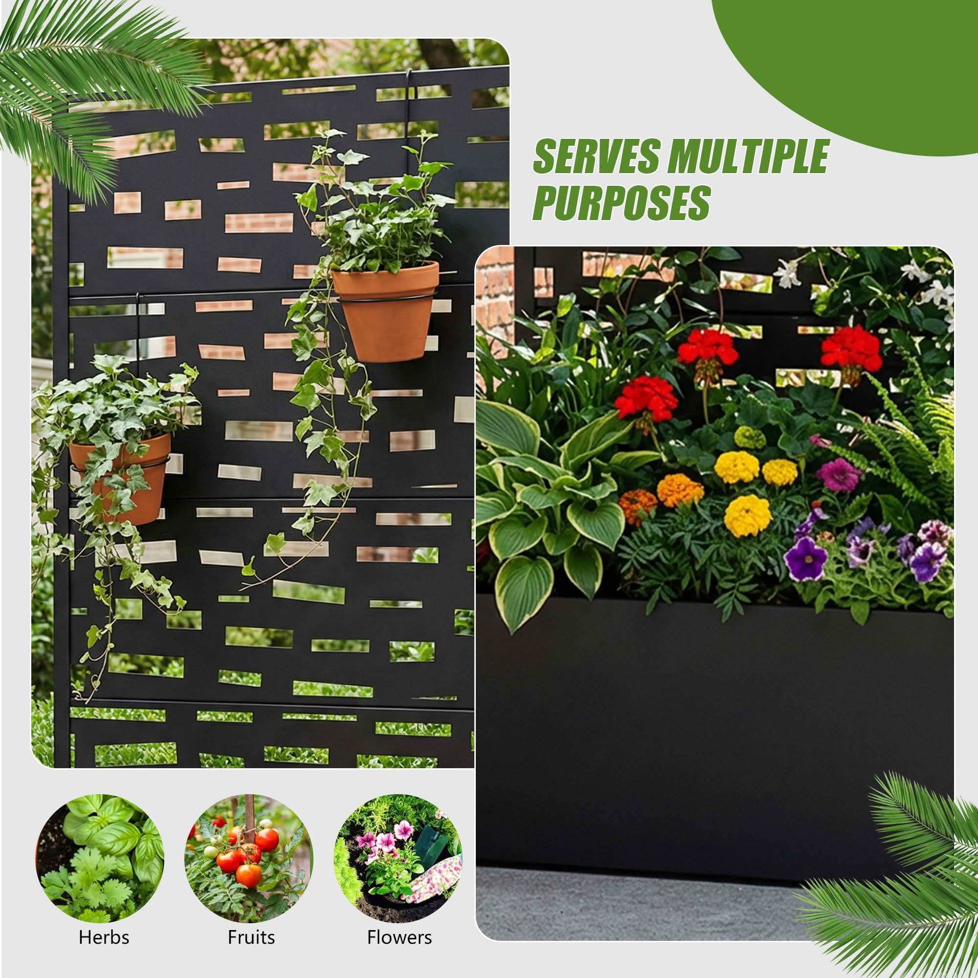 MAYEERTY 59X30" Metal Outdoor Black Privacy Screen with Planter Box for Backyard & Garden, 4 Piece Set