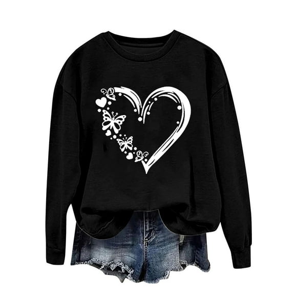 Generic Women's Casual Heart Printed Drop Shoulder Tops Round Neck Long Sleeve Sweatshirt