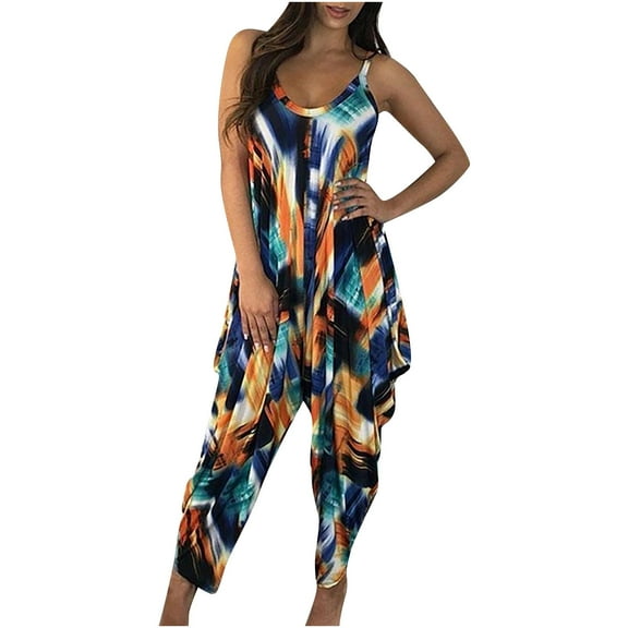 IROINNID Sleeveless Suspender Jumpsuit For Women Full-Length Fashion Harem Style Tie-dye Pocket Suspender Jumpsuit