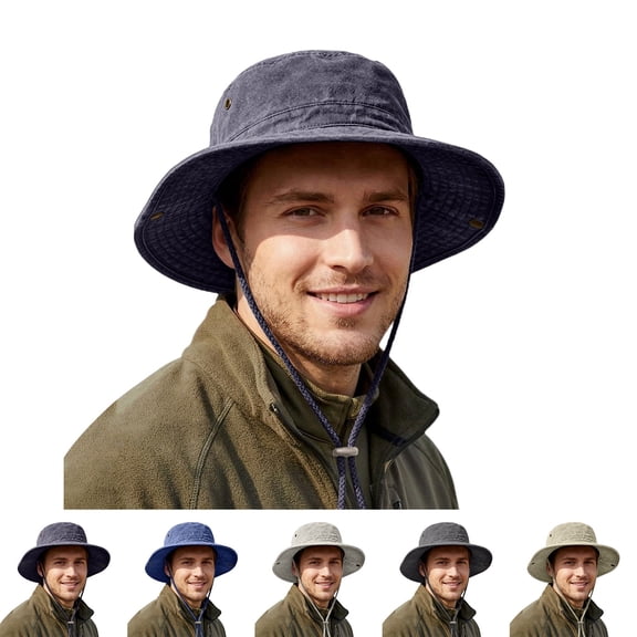 Helii Mens Wide Brim Sun Hat With Chin Strap, Cotton Safari Boonie Hat Adjustable Neck Cord Outdoor Fishing Cap, Lightweight Breathable Bucket Hat For Big Head Size Blue,One Size