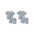 thumbnail image 2 of BemeyourBBs Toddler Baby Boy Summer Clothes Sailboat Outfit Striped Waffle Knit Embroidered Button Turn Down Neck Short Sleeve Shirt Tops and Pockets Shorts 2 Pcs Set, 2 of 9