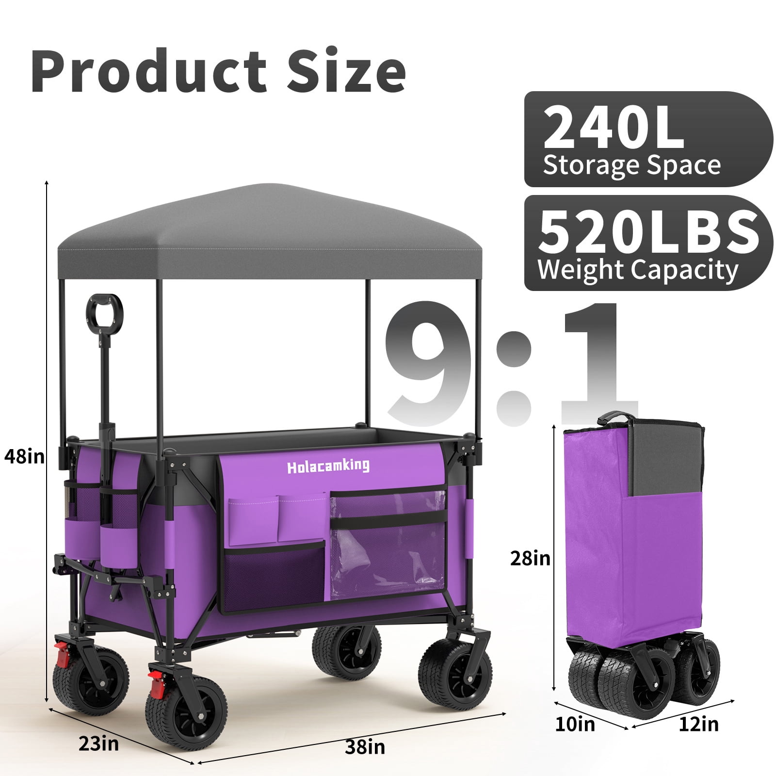 Foldable Utility Wagon with Canopy Awning 520 lbs Capacity All-Terrain Wheels Beach Camping Cart