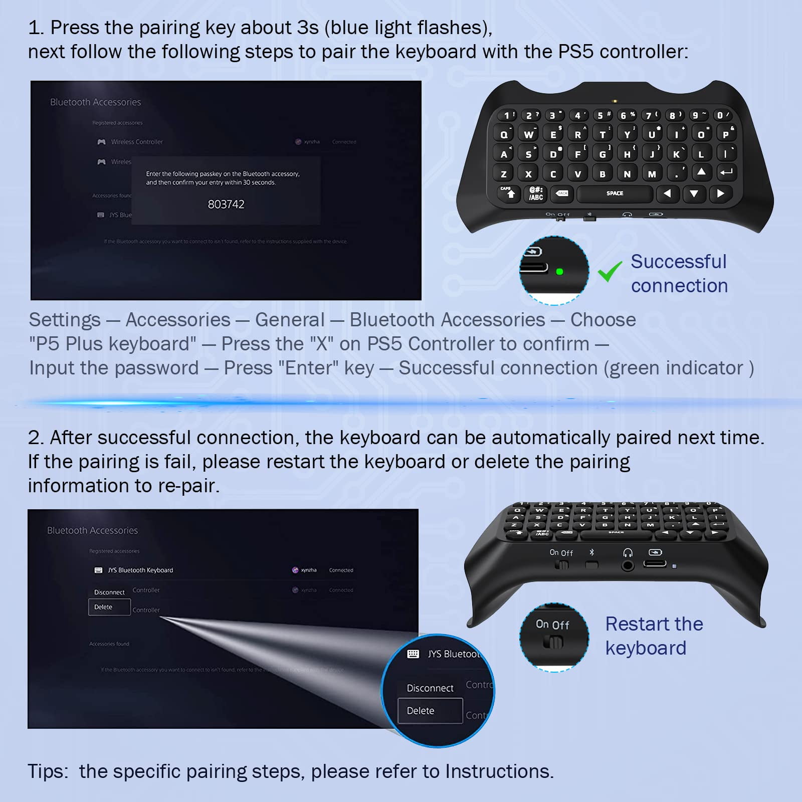 MoKo Keyboard Compatible for PS5 Controller with Green Backlight, Bluetooth Wireless Mini Keypad Chatpad for PS5 Controller Accessories,Black