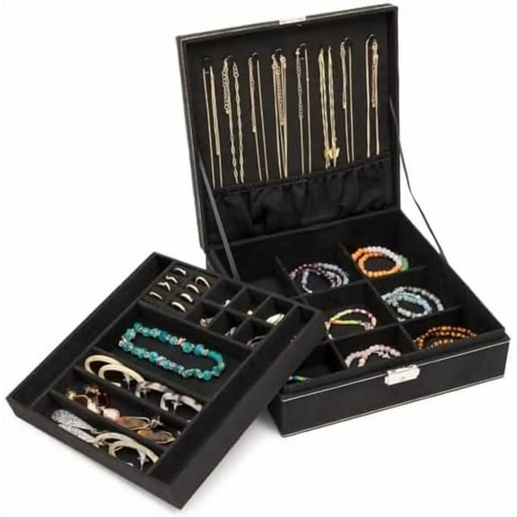 Jewelry Box for Men - 10.5 x 10.5 x 3.5 in, Black Velvet - Locking 2-Layer Travel Jewelry Organizer & Earring Holder, Necklace Organizer & Decorative Tray