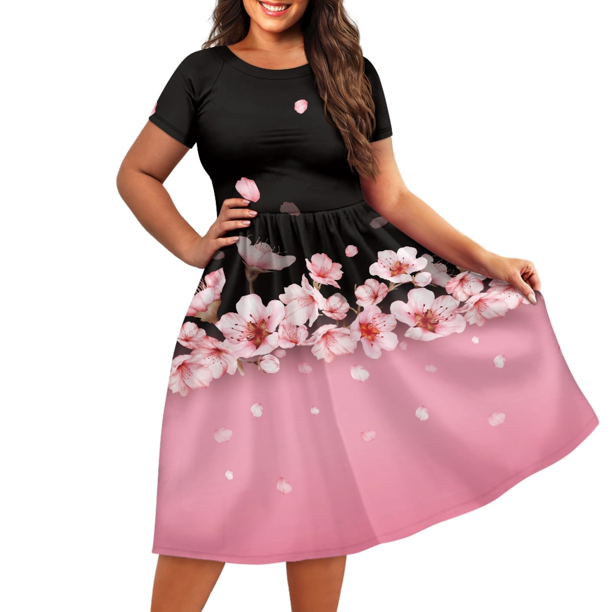 SCRAWLGOD Cherry Blossom Dresses for Women Plus Size XS Summer Dresses with Sleeves Midi Length Summer Dresses for Women Casual Party Flexible Women Dress Shorts Knee Length for Holidays