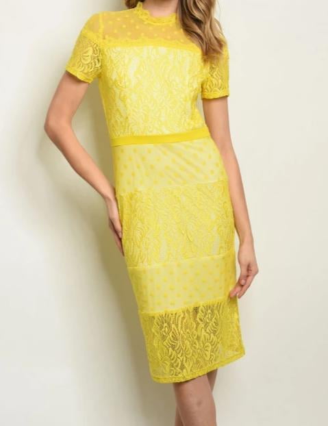 yellow lace sheath dress