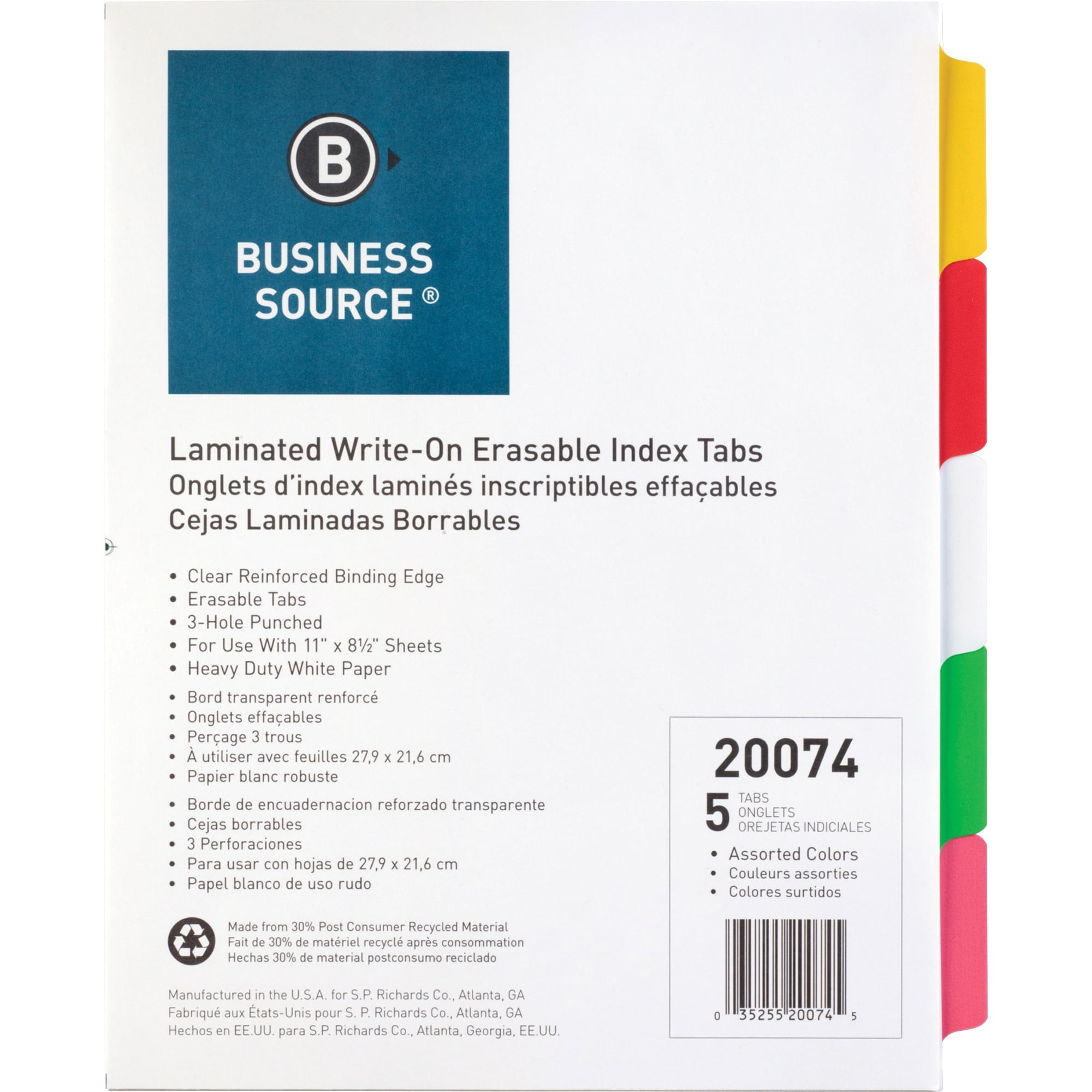 Business Source, BSN20074, Laminated Write-On Tab Indexes, 5 Per Set