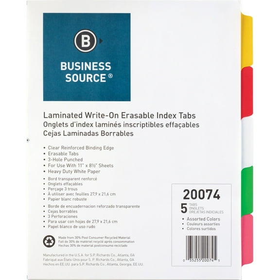 Business Source Laminated Write-On Tab Indexes - 5 Write-on Tab(s) - 5 Tab(s)/Set - 11" Tab Height x 8.50" Tab Width - 3 Hole Punched - Self-adhesive, Removable - Multicolor Mylar | Bundle of 5