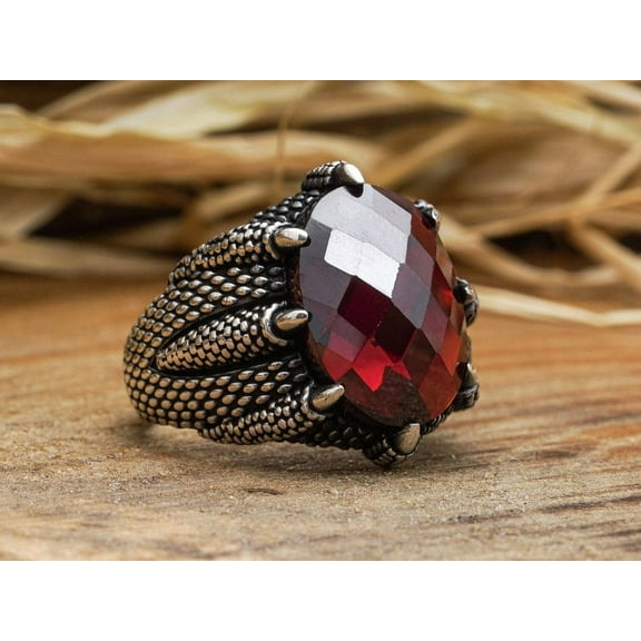 Red Garnet Ring / Handmade Claw Garnet Jewelry / Red Garnet / Handmade Silver Ring / Gift for Husband / Boyfriend Gift / Birthstone Gift