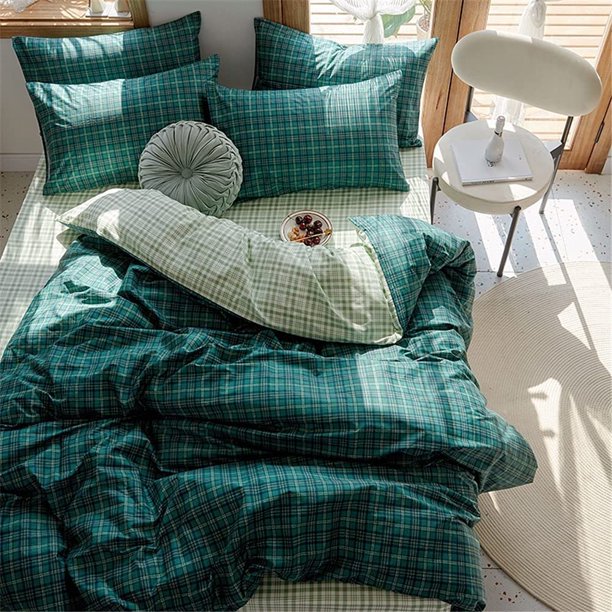 Plaid king comforter set green 2025 100 cotton