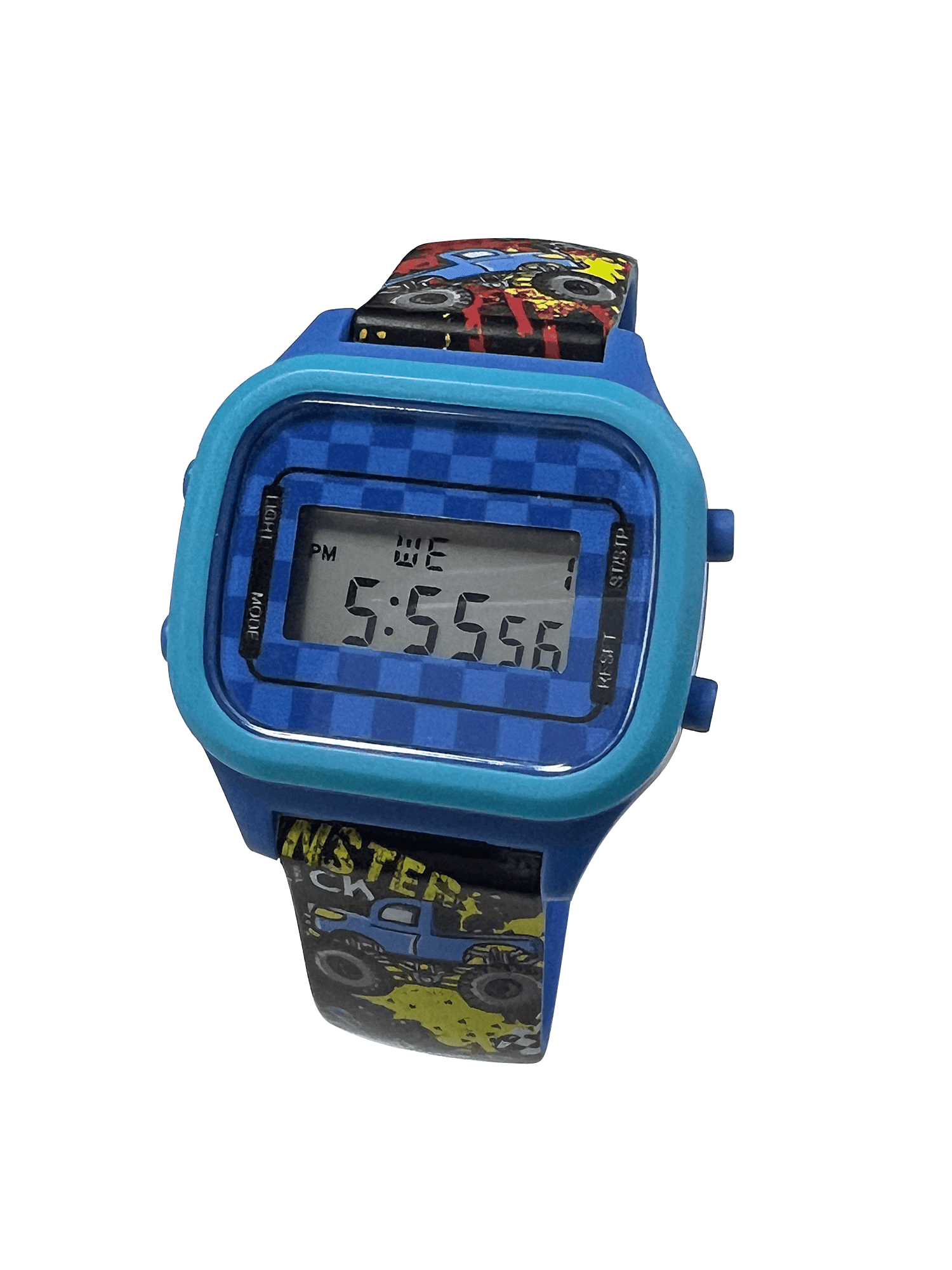Wonder Nation Boys Round Multifunction LCD Kids Monster Truck Digital Wristwatch, Blue Multi Color, Silicone Strap