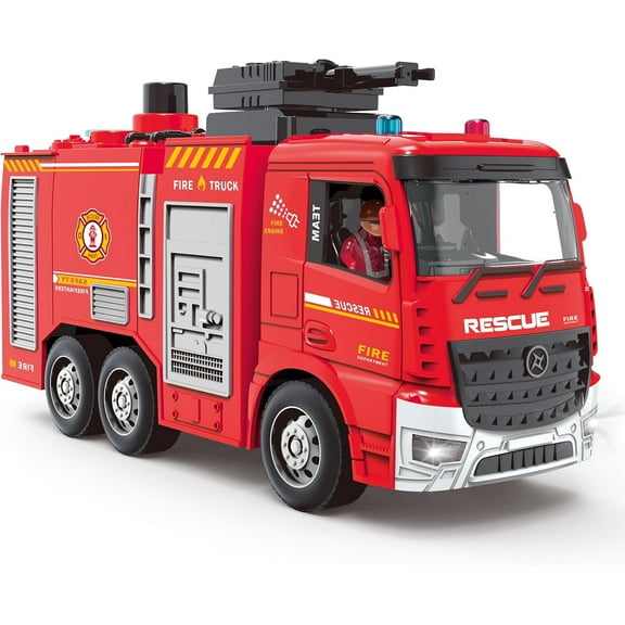 MLcnleS Fire Truck Toy for Kids, RC Fire Toy with Manual Pressing Water Spray Function, LED Lights Siren Sounds