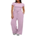 thumbnail image 2 of LYMAYTER Women Casual Suit Short Sleeve Ruched Tops High Waisted Wide Leg Pants Tracksuit Sets XS-2XL, 2 of 9