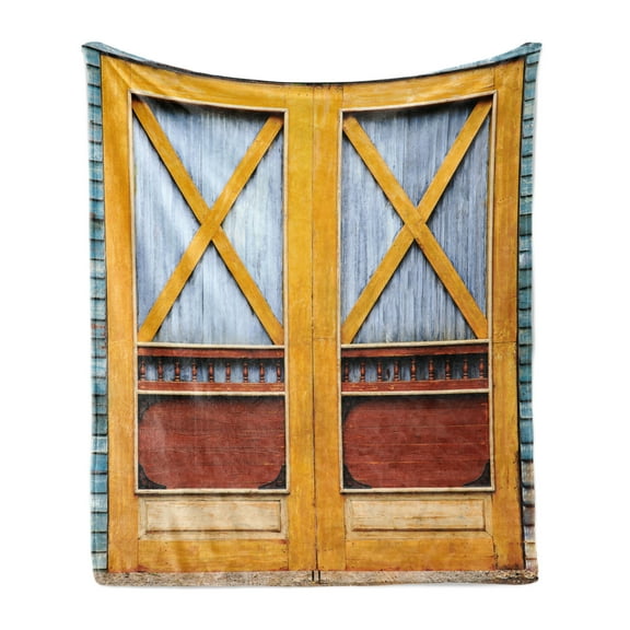 Rustic Soft Flannel Fleece Throw Blanket, Lumber Door of Urban House in Town Classic Featured Nostalgic Gate Print, Cozy Plush for Indoor and Outdoor Use, 50" x 70", Blue Orange, by Ambesonne