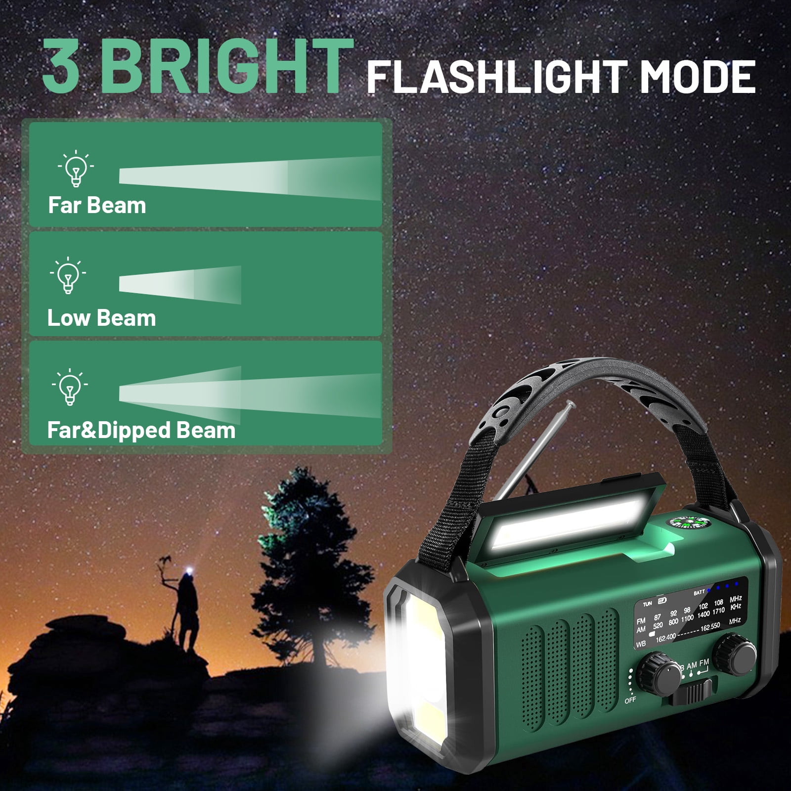 Geemuslly 10000mAh Hand Crank Emergency Radio,NOAA/AM/FM Weather Radio with Type-C Charge, Solar Charging, SOS, 3 Modes LED Torch, Reading Lamp, Compass for Camping, for Indoor Outdoor Emergencies