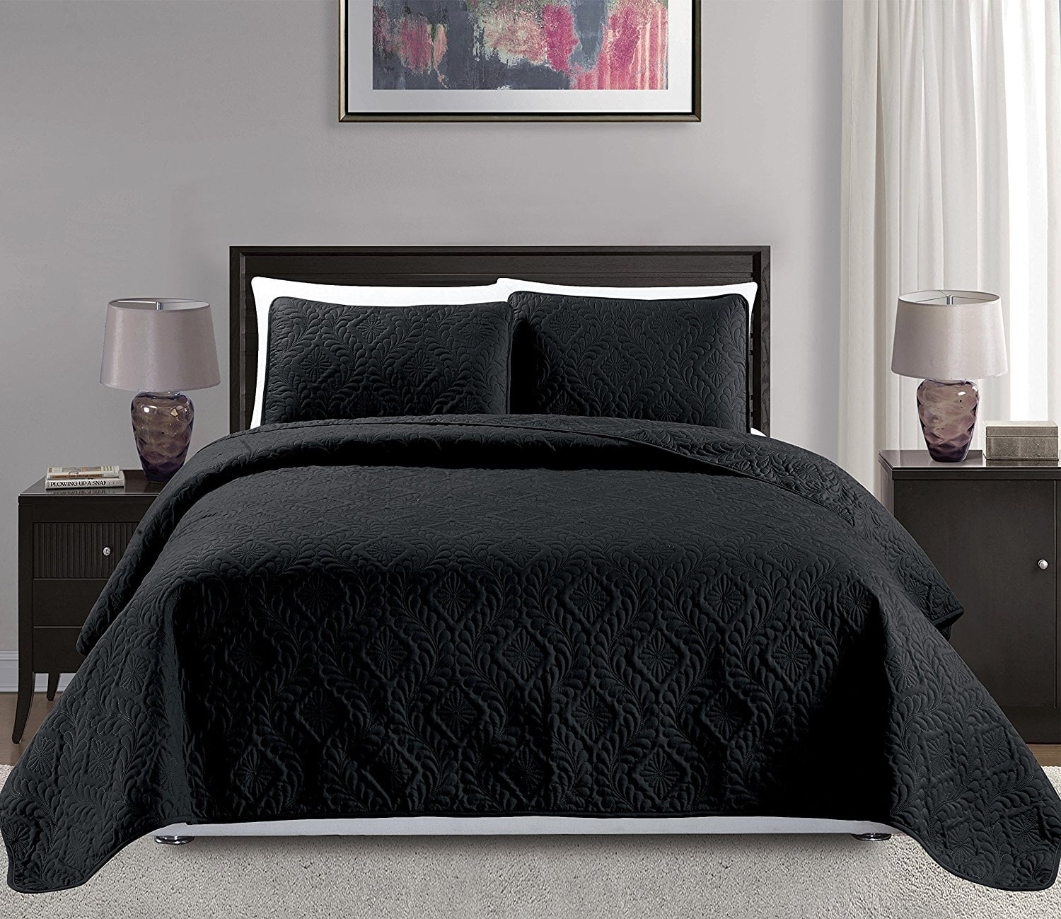 Fancy Collection 3pc King//California King Oversize Bedspread Coverlet Set Embossed Solid Black New