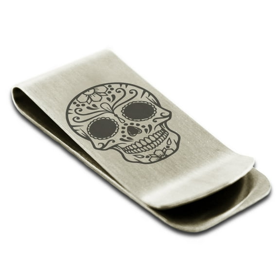 Stainless Steel Day of the Dead Calaveras Mischievous Skull Engraved Money Clip Credit Card Holder