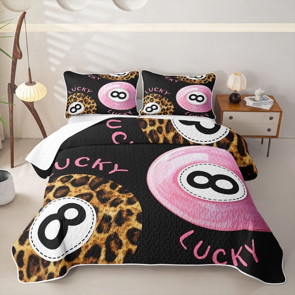 Castle Fairy Vintage Billiards Twin Quilt Set,Leopard Print Billiards Twin Coverlet Set,Pink Brown Black